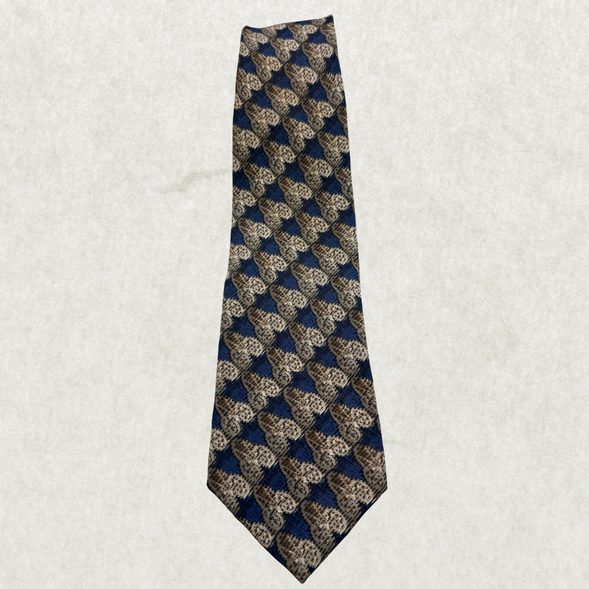 Vintage Pierre Cardin Silk Tie – 100% Silk, Blue & Taupe Geometric Pattern