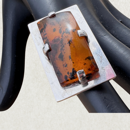 Mogens Godskesen Danish Artisan Modernist Sterling Silver Ring with Large Amber – Size 7, Adjustable