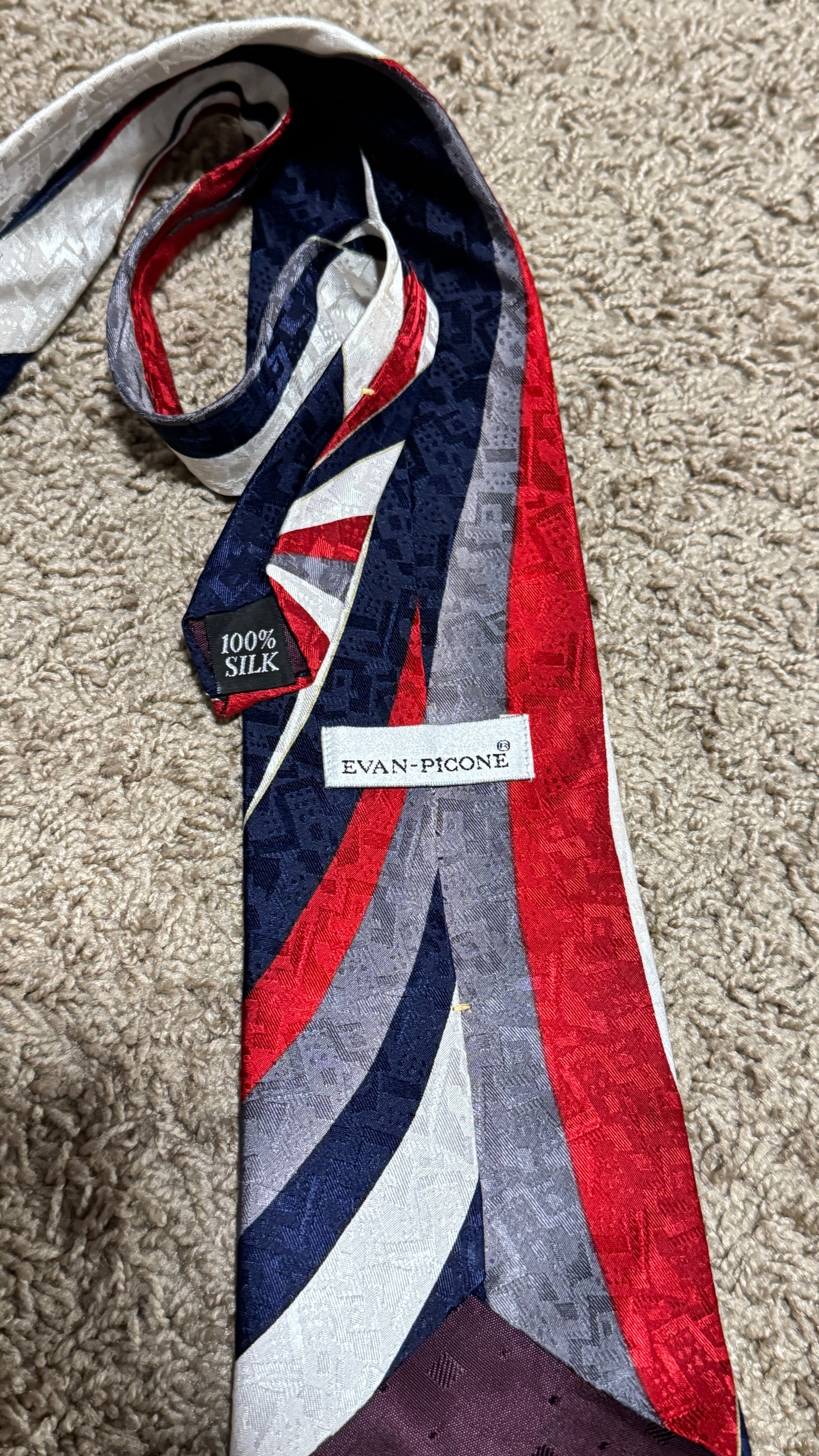 Vintage Evan-Picone Silk Tie – Bold Abstract Red Blue White Design, 100% Silk, 57”