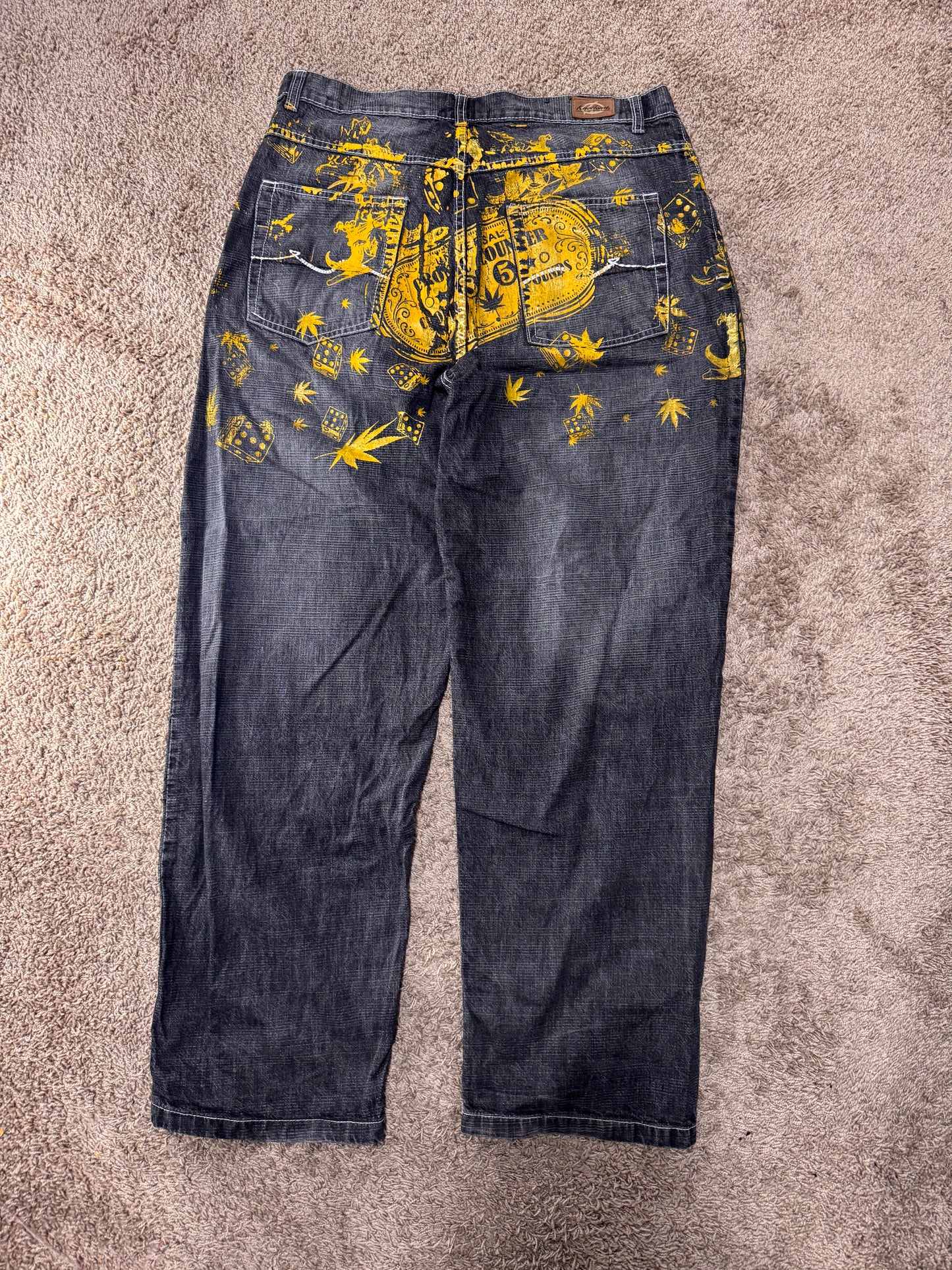 Vintage Y2K Knockout Men’s Baggy Jeans – Size 38x32, Black Denim w/ Gold Graphic Print, Hip Hop Style