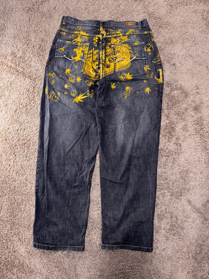 Vintage Y2K Knockout Men’s Baggy Jeans – Size 38x32, Black Denim w/ Gold Graphic Print, Hip Hop Style