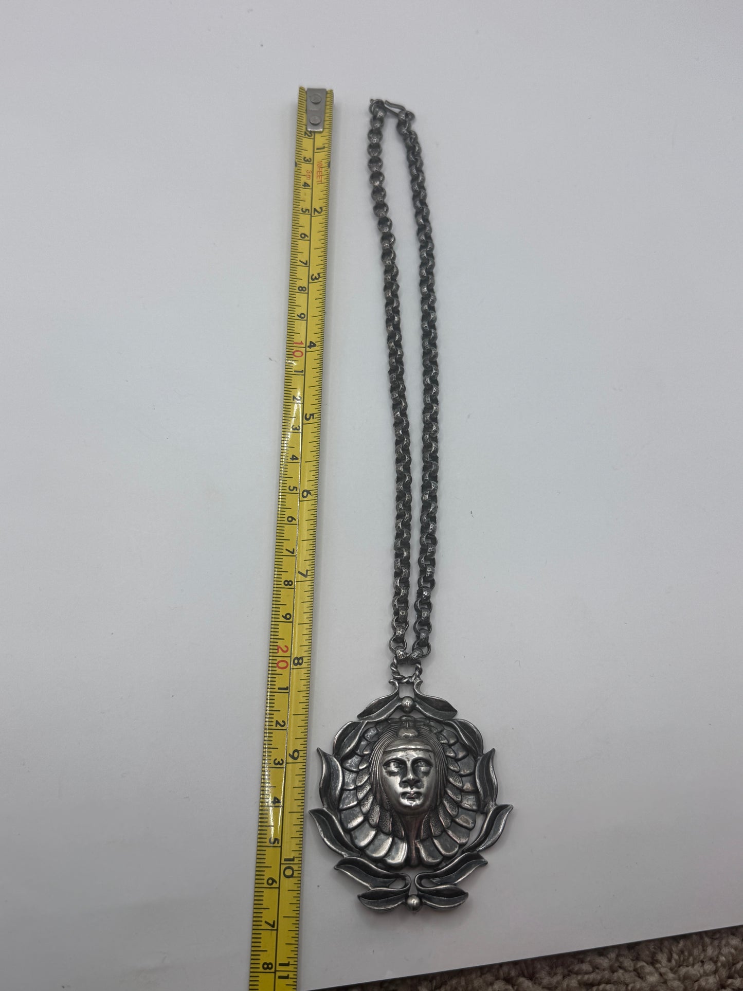 Vintage Art Nouveau Scandinavian Statement Necklace – Large Ornate Face Pendant with Handmade Chain