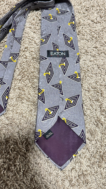 Vintage Eaton Silk Tie – Geometric Diamond Pattern, Gray & Yellow, 100% Silk, 58”