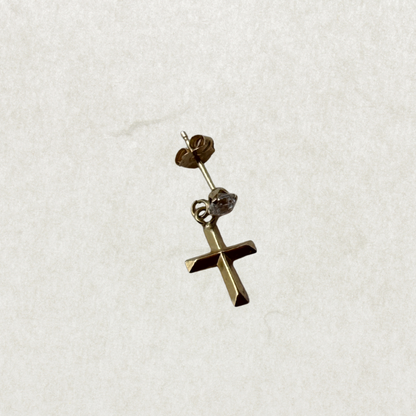 Vintage 14k Gold Single Stud Earring – Cross & Crystal Charm