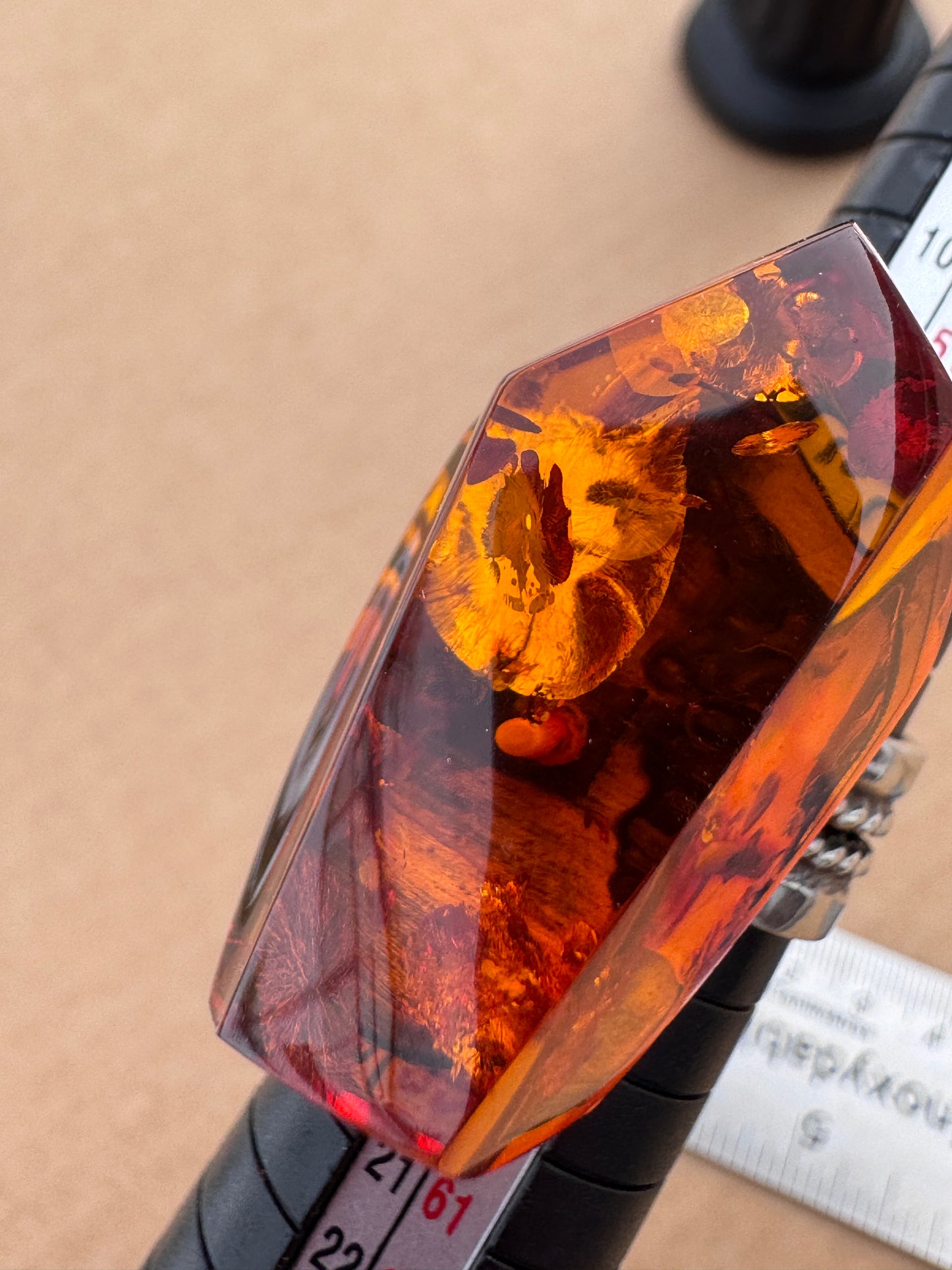 Sterling Silver Ring with Large Faceted Amber, Size 9