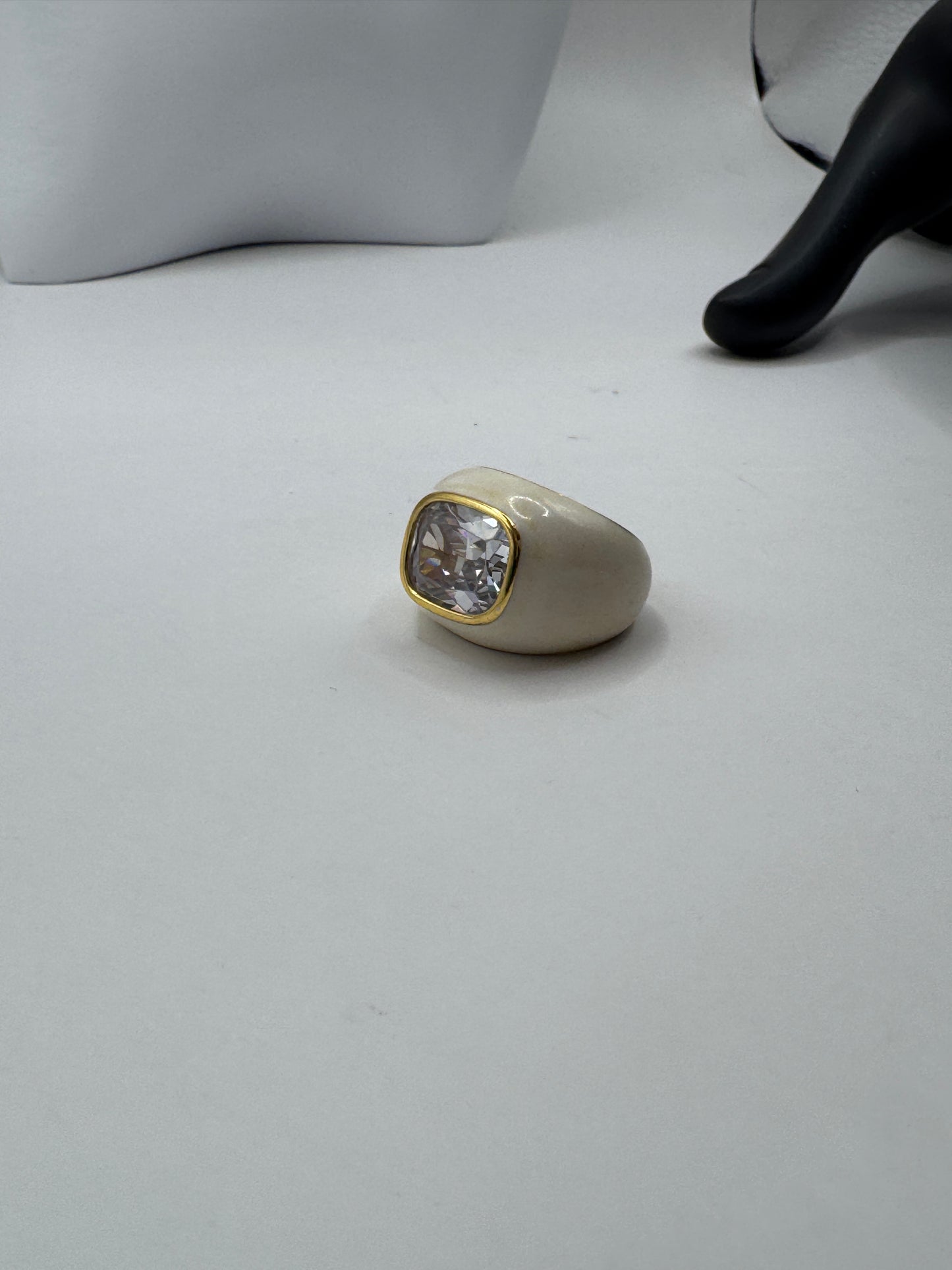 Vintage Scandinavian Enameled Ring, 14k Gold Fill, Large Zircon – Size ~7.5, Excellent Condition