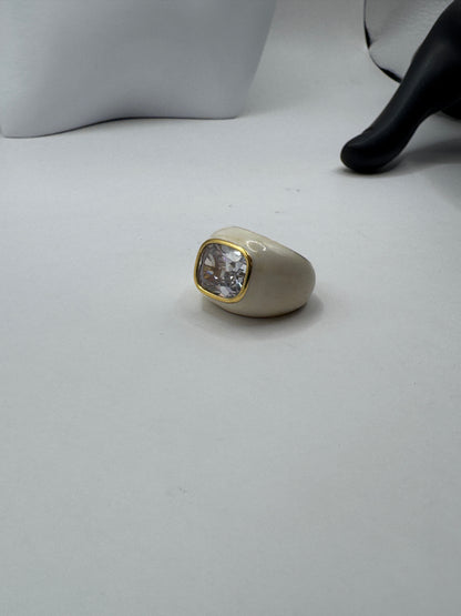 Vintage Scandinavian Enameled Ring, 14k Gold Fill, Large Zircon – Size ~7.5, Excellent Condition