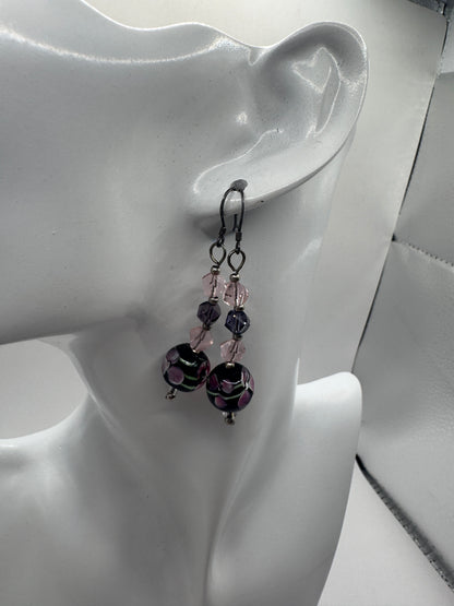 Vintage 925 Sterling Silver Murano Glass Earrings – Purple Floral Dangles