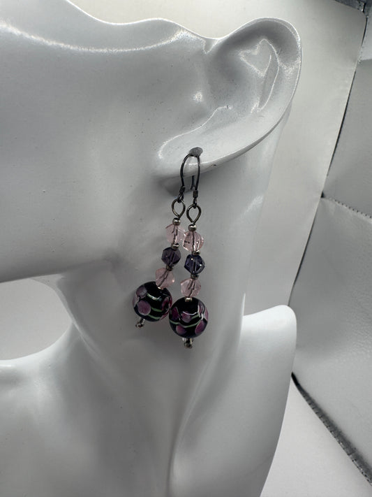 Vintage 925 Sterling Silver Murano Glass Earrings – Purple Floral Dangles