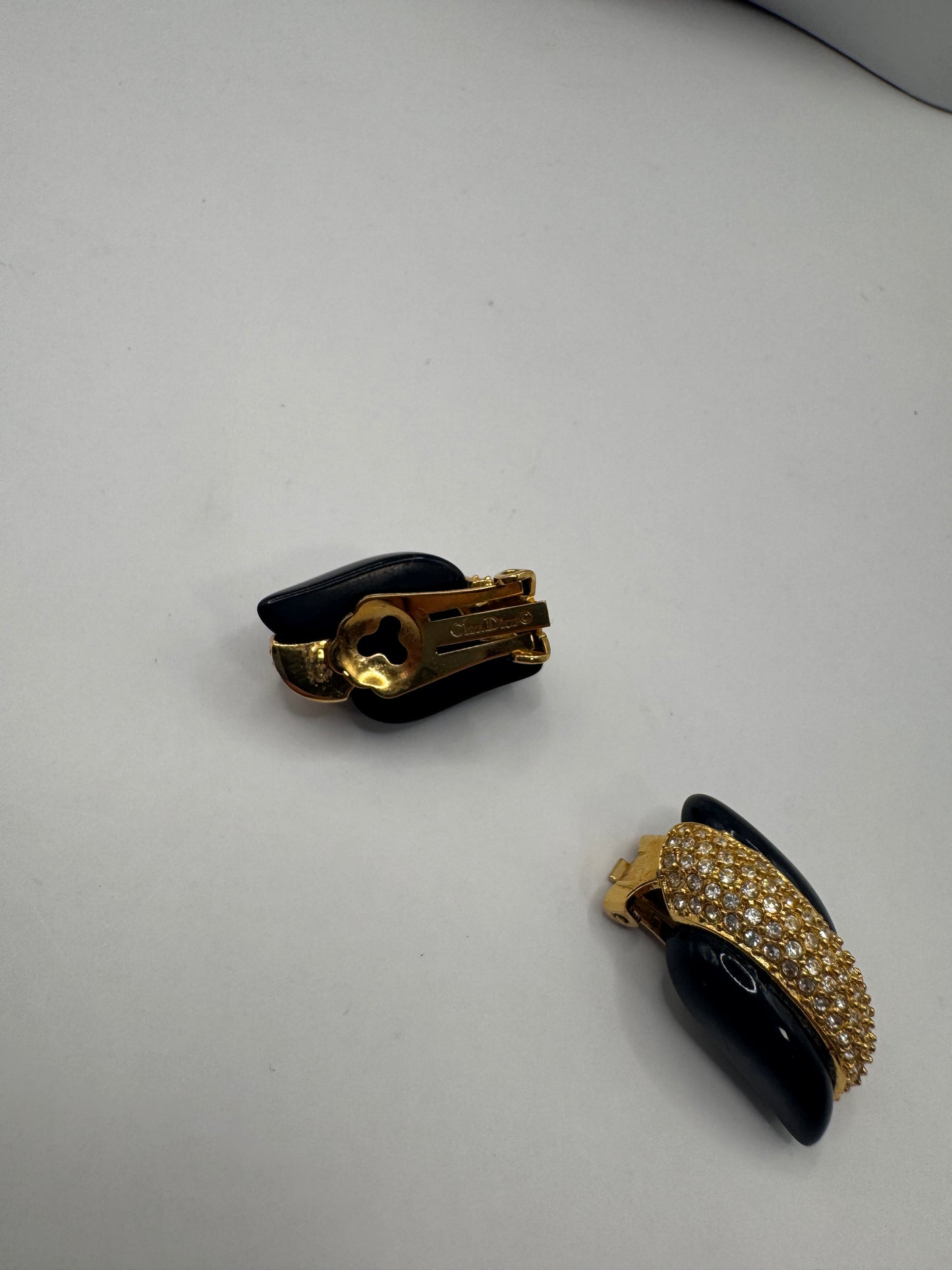 Authentic Vintage Dior Crystal & Black Enamel Clip-On Earrings – 1980s