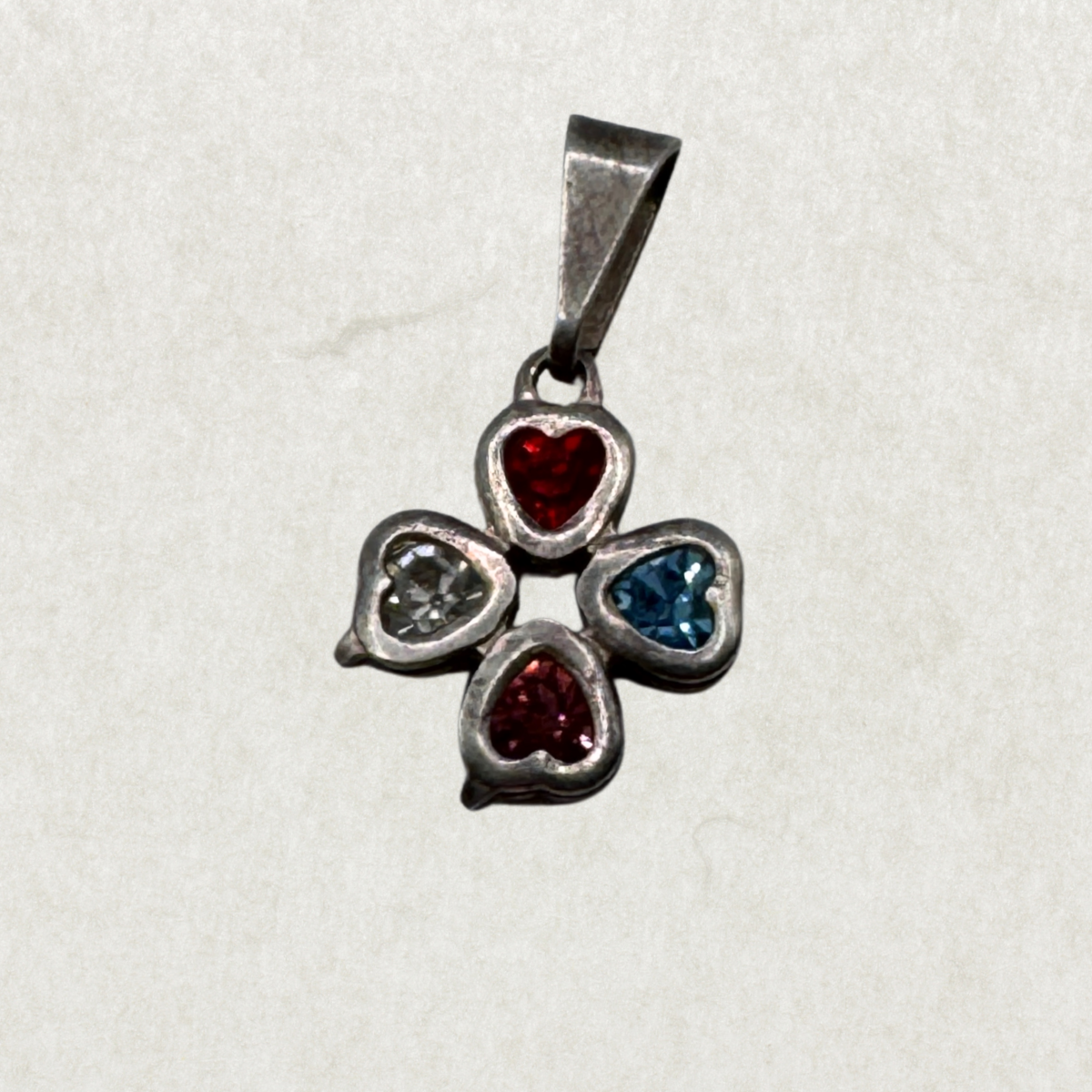 Vintage Sterling Silver Artisan Cross Pendant with Heart Gemstones – Excellent Condition