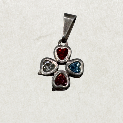 Vintage Sterling Silver Artisan Cross Pendant with Heart Gemstones – Excellent Condition