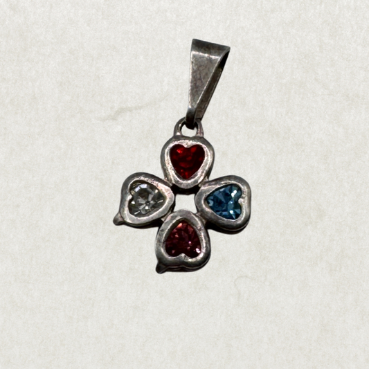 Vintage Sterling Silver Artisan Cross Pendant with Heart Gemstones – Excellent Condition