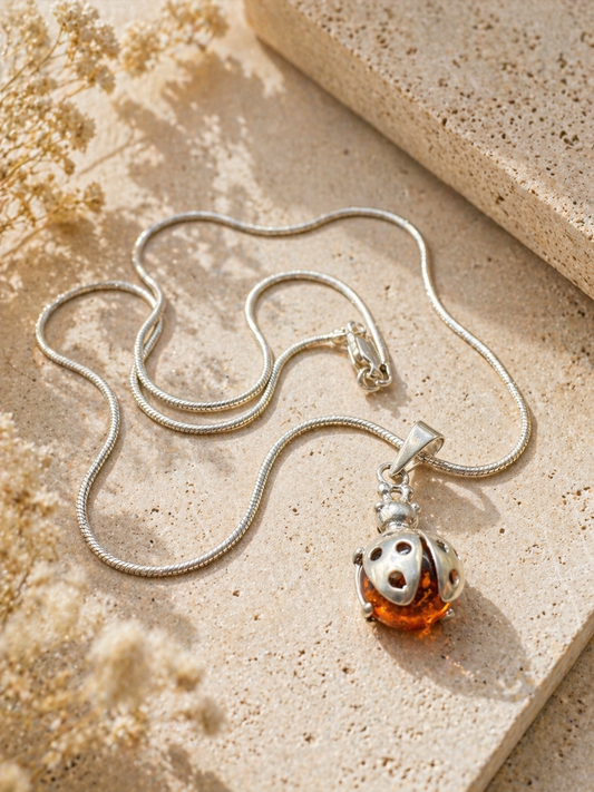 Amber Ladybug Pendant Necklace – 925 Sterling Silver, 15” Chain