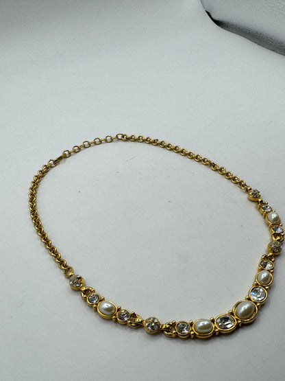 Vintage Monet Gold Tone Necklace with Faux Pearls & Rhinestones – Elegant Statement Collar Necklace