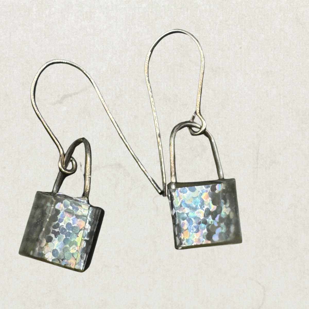 Vintage Sterling Silver Padlock Dangle Earrings – Iridescent Resin Inlay, Minimalist Lock Design