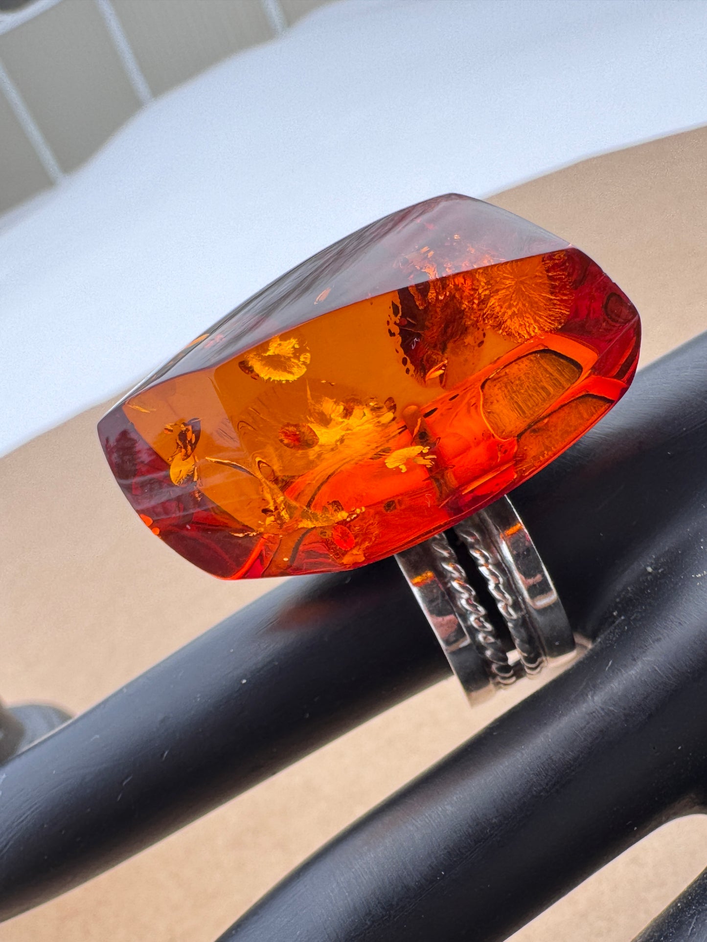 Sterling Silver Ring with Large Faceted Amber, Size 9