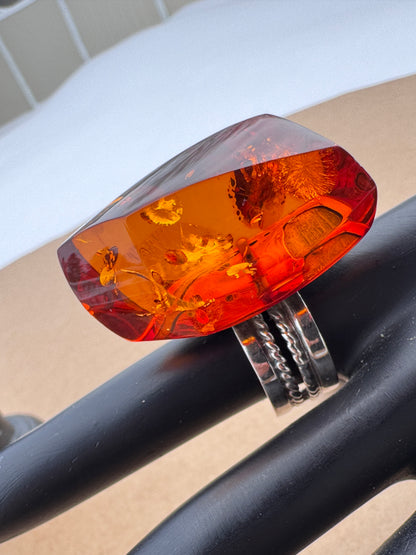 Sterling Silver Ring with Large Faceted Amber, Size 9