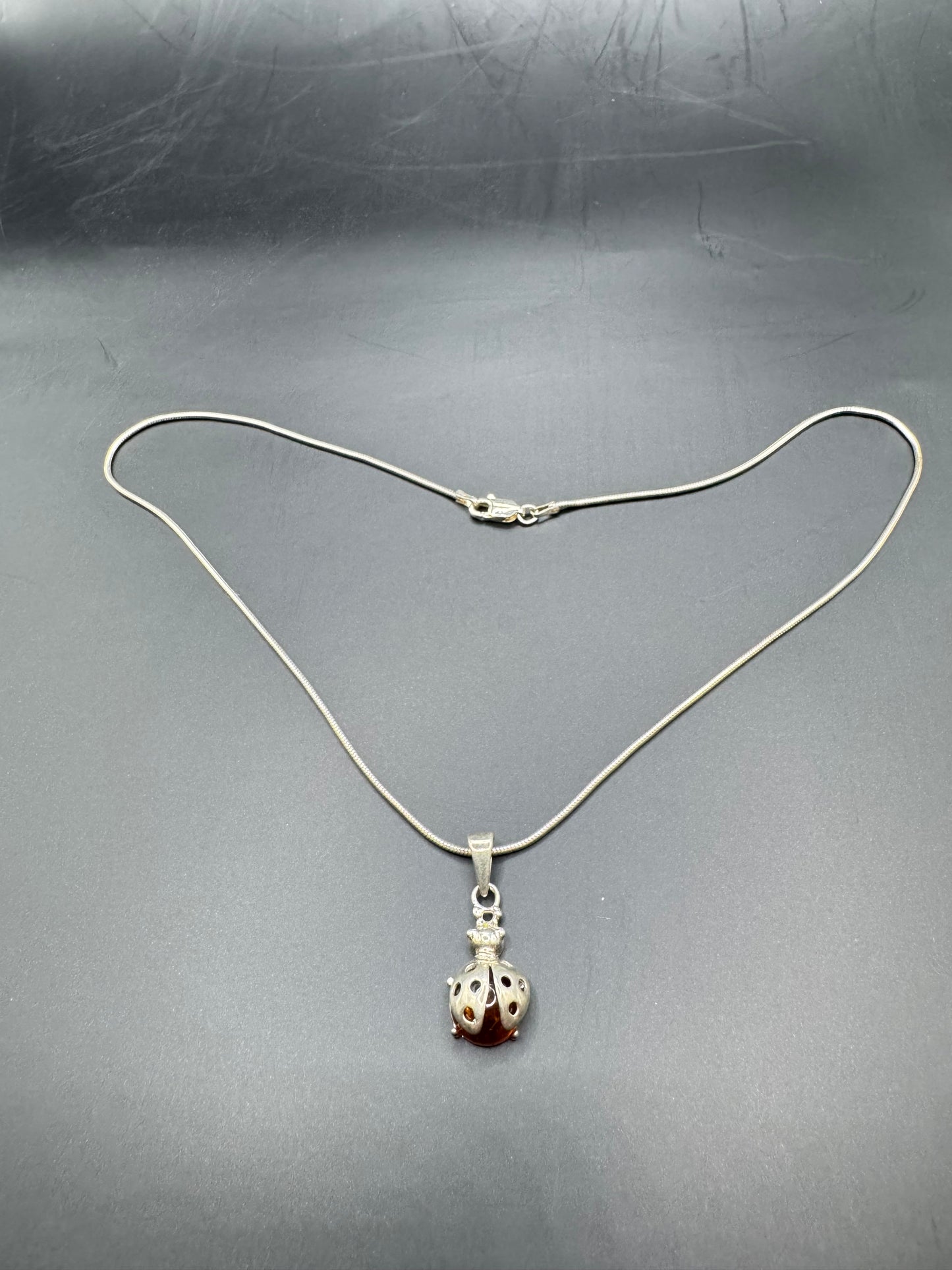 Amber Ladybug Pendant Necklace – 925 Sterling Silver, 15” Chain