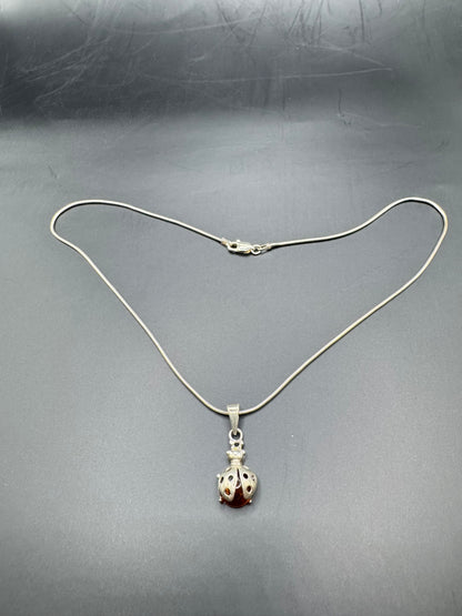 Amber Ladybug Pendant Necklace – 925 Sterling Silver, 15” Chain