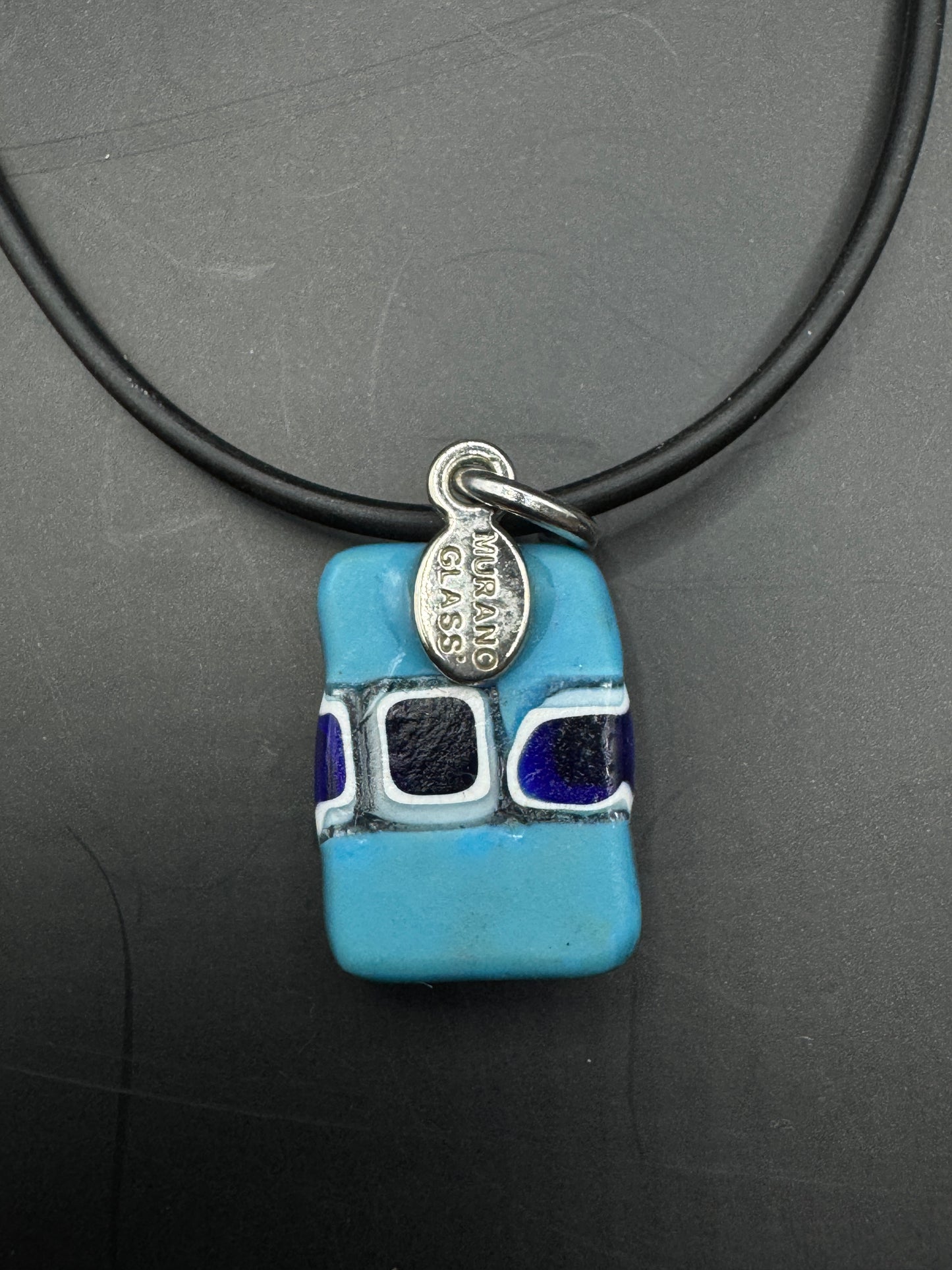 Vintage Murano Glass Pendant Necklace – Blue Geometric Design, Italian Art Glass, 16”