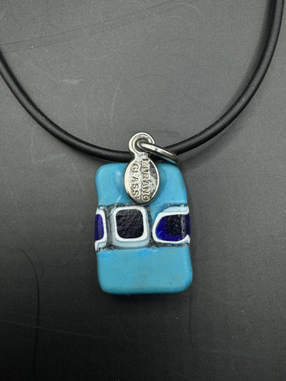 Vintage Murano Glass Pendant Necklace – Blue Geometric Design, Italian Art Glass, 16”