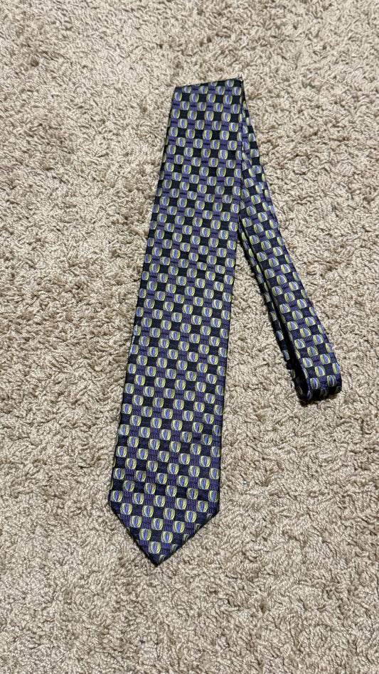 Vintage Stone House Made in Italy 100% Silk Tie – Geometric Medallion Pattern Designer Necktie Purple Green 59” x 3.5”