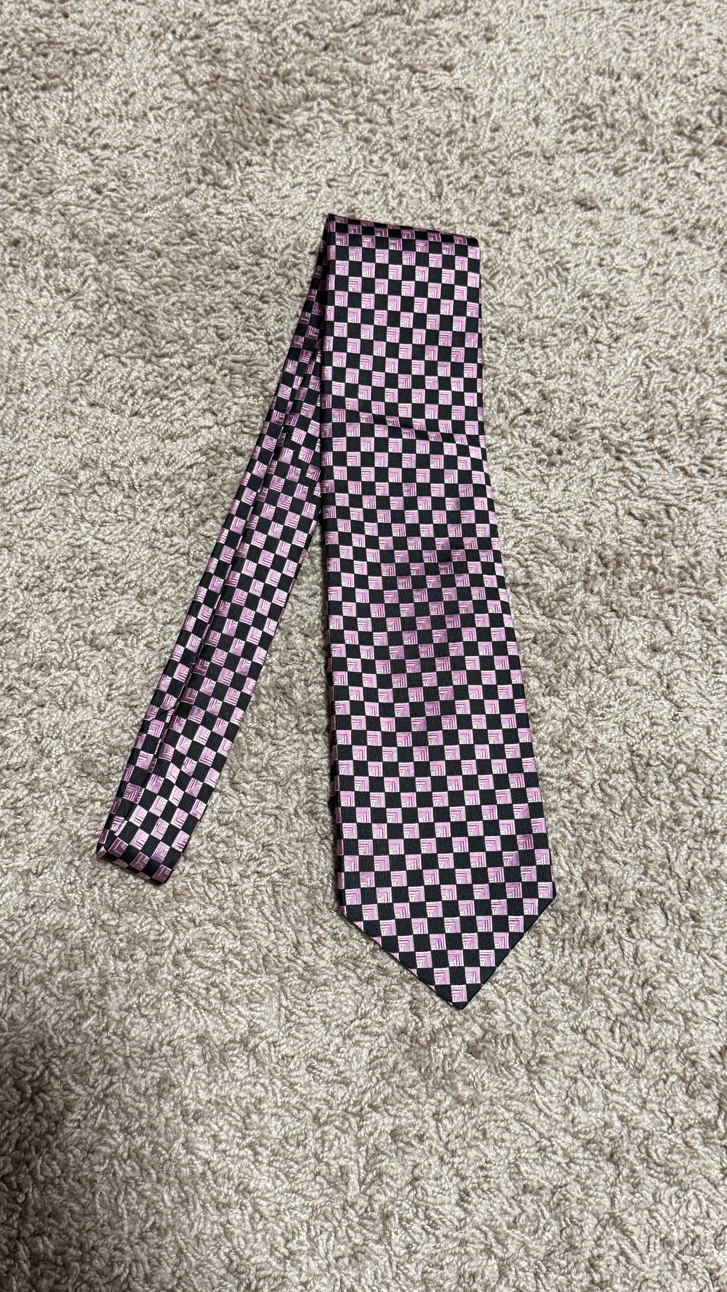 Vintage Holt Renfrew Silk Tie – Pink & Black Geometric Checker Pattern, 100% Silk, 59”
