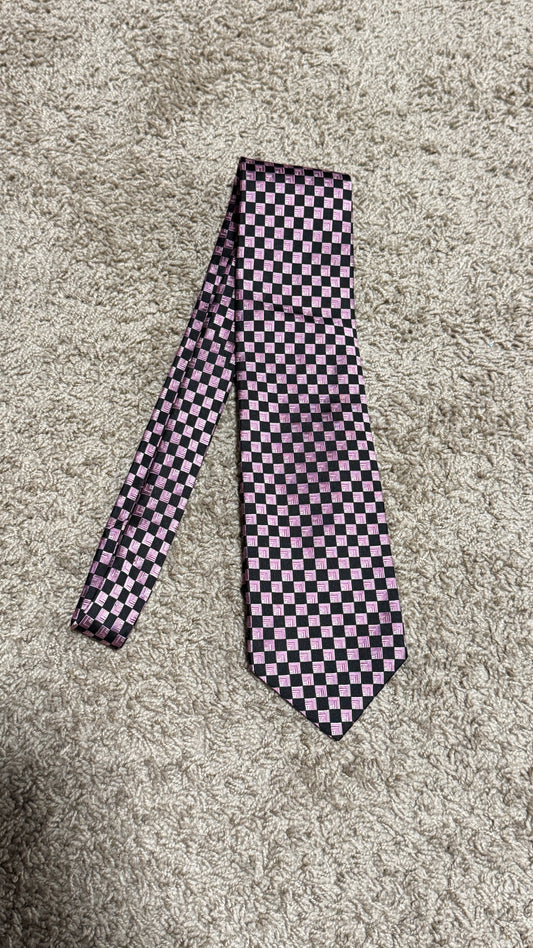 Vintage Holt Renfrew Silk Tie – Pink & Black Geometric Checker Pattern, 100% Silk, 59”