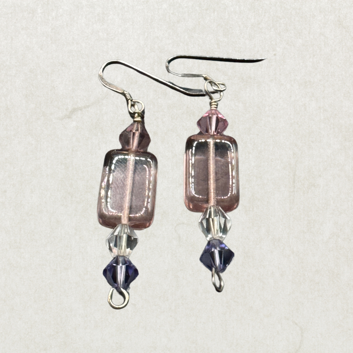 Vintage Sterling Silver Crystal Drop Earrings – Pink & Purple Glass Beads, Elegant Dangle