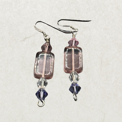Vintage Sterling Silver Crystal Drop Earrings – Pink & Purple Glass Beads, Elegant Dangle