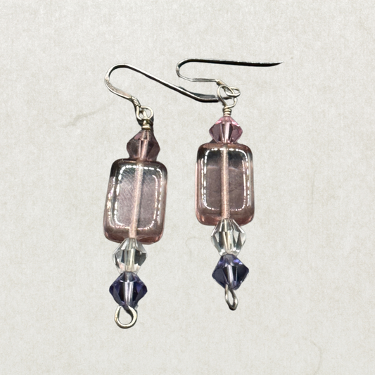 Vintage Sterling Silver Crystal Drop Earrings – Pink & Purple Glass Beads, Elegant Dangle