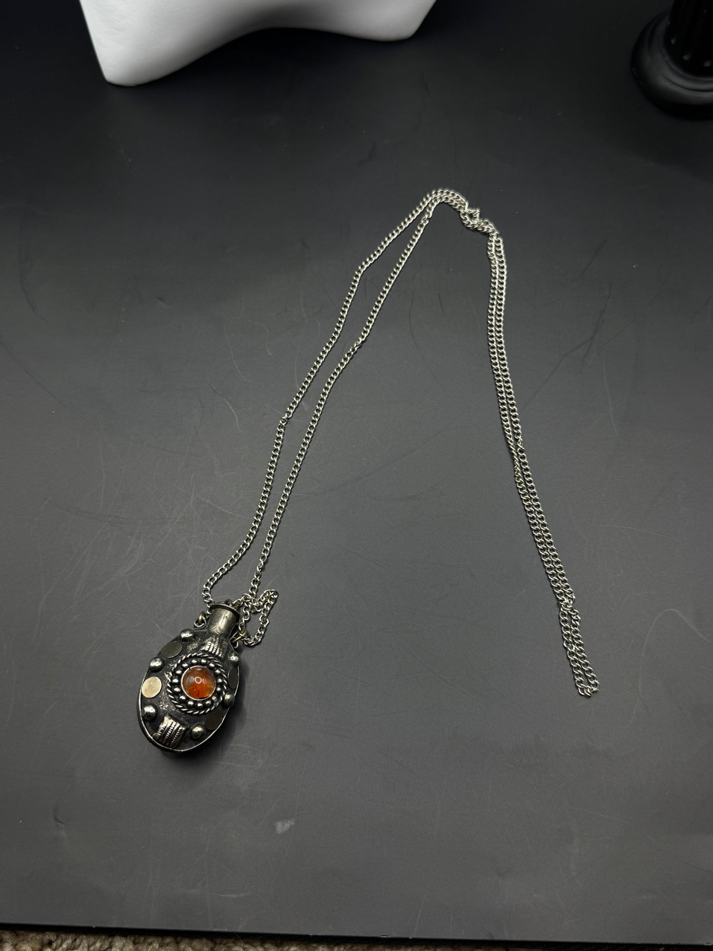 Vintage Silver Plated Perfume Bottle Necklace – Ornate Pendant with Amber Glass Cabochon