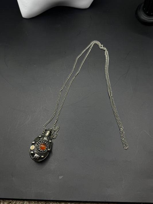Vintage Silver Plated Perfume Bottle Necklace – Ornate Pendant with Amber Glass Cabochon