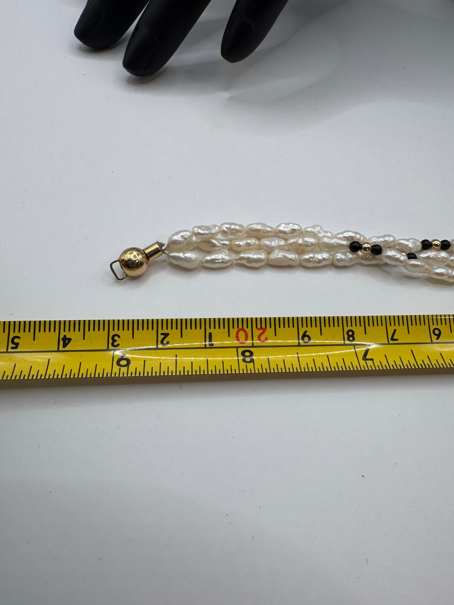 Vintage Three-Row Pearl Bracelet with Onyx & 14K Gold Clasp