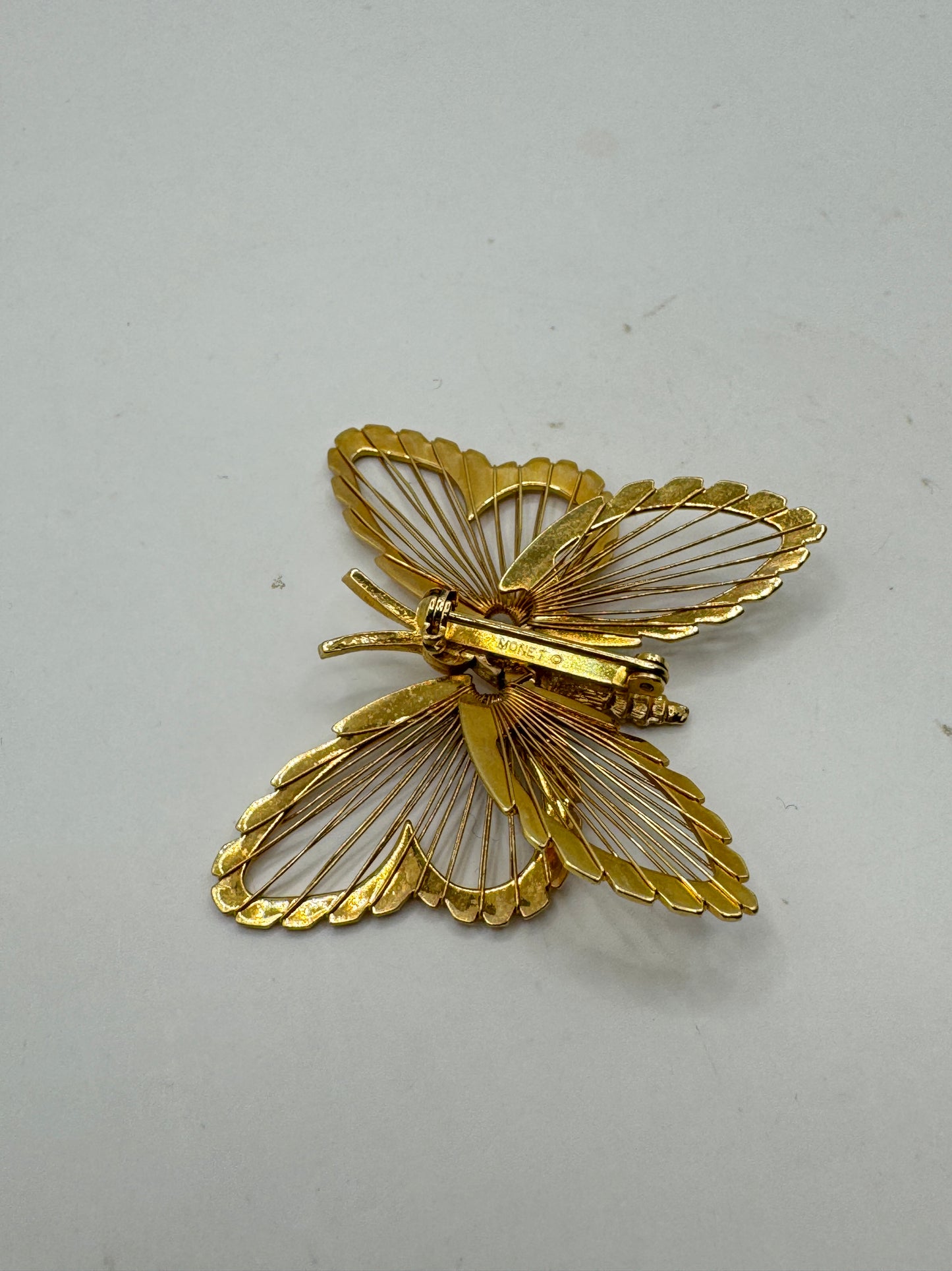 Vintage MONET Butterfly Brooch – Gold Tone Wire Wing Designer Pin 2” x 1.5”
