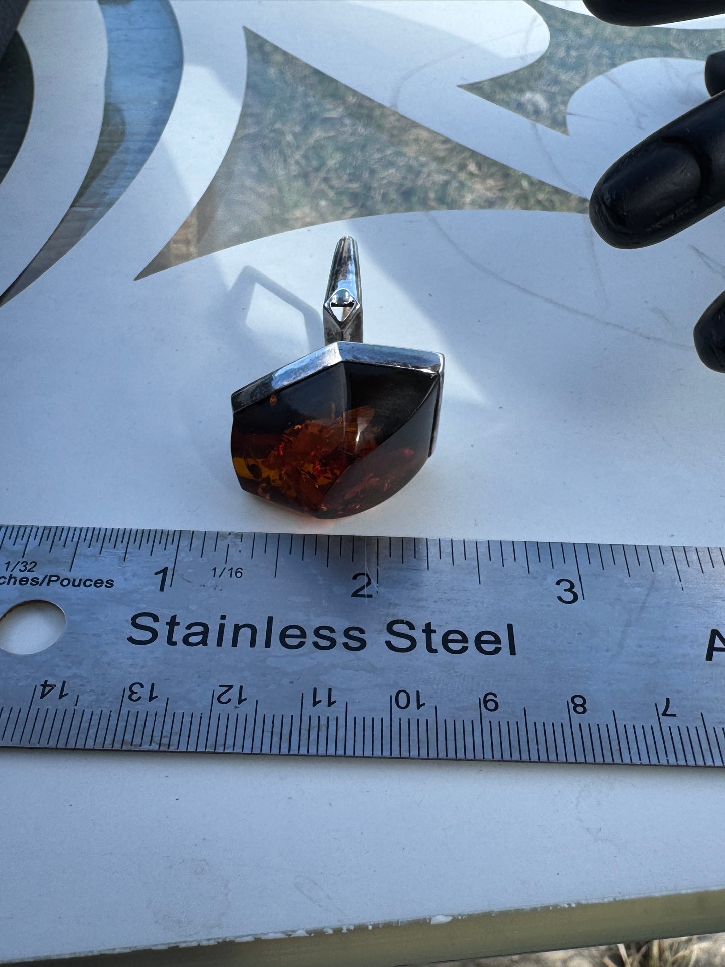 Vintage Modernist Amber Ring Sterling Silver Geometric Brutalist Style Sz 7.5