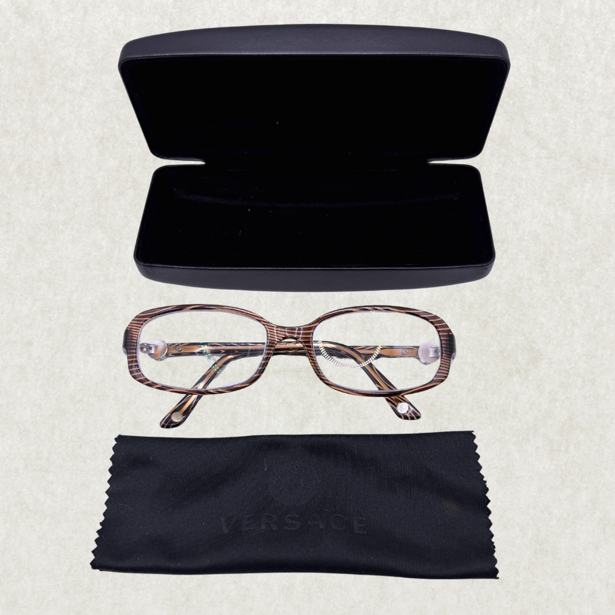 Versace Eyeglasses Frame Mod. 3149-B 934 – 52-17 130, Brown Striped Rectangle (Prescription Lenses Installed)