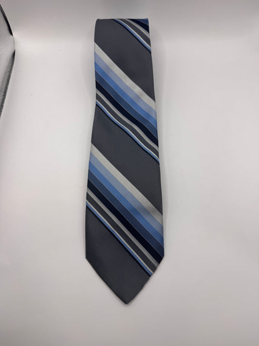 Vintage Christian Dior Tie – Blue & Grey Striped, 57” x 3.5”, 100% Polyester