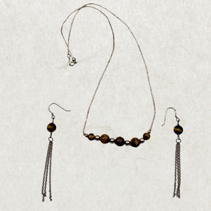 Vintage Sterling Silver Tiger’s Eye Necklace & Earring Set – Excellent Condition