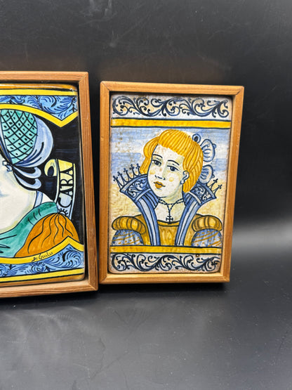 Pair of Vintage Italian Castelli Maiolica Portrait Tiles – Hand Painted Tin-Glazed Ceramic Wall Art – Framed Renaissance Style Plaques – Made in Italy