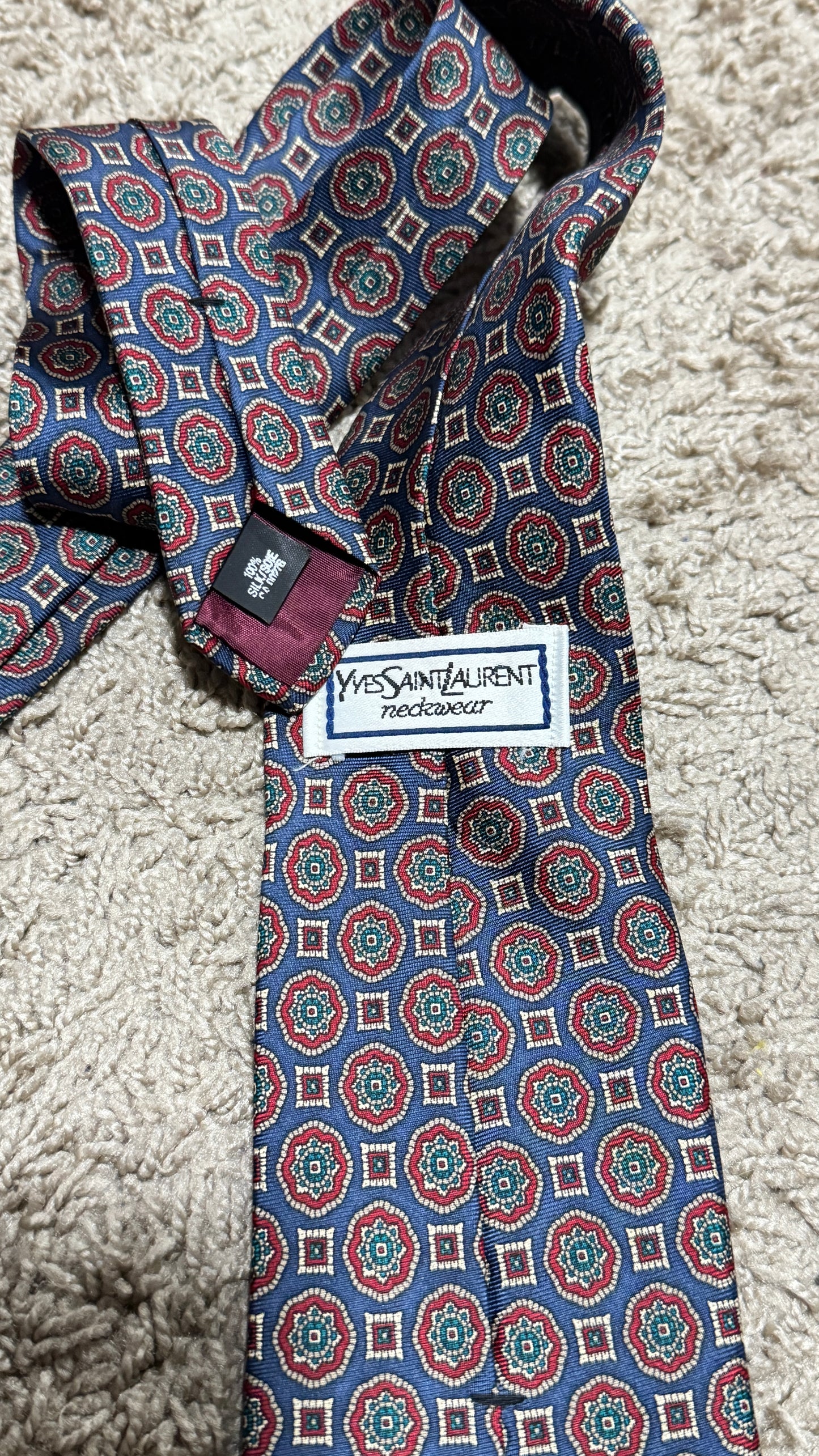Vintage Yves Saint Laurent Silk Tie – Geometric Medallion Pattern, 100% Silk, 59”