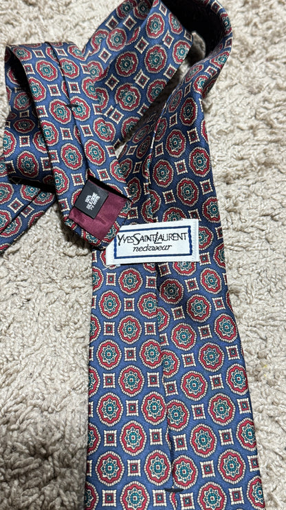 Vintage Yves Saint Laurent Silk Tie – Geometric Medallion Pattern, 100% Silk, 59”