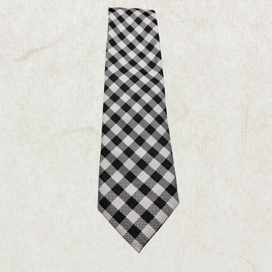 Black Brown 100% Silk Tie – Black & White Checkered, 59” x 3.5”