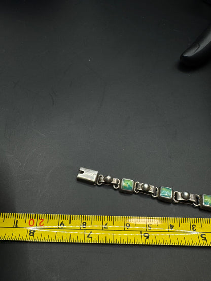 Vintage Mexican Sterling Silver 925 Bracelet with Green Stone Inlay – Taxco Style Link Design