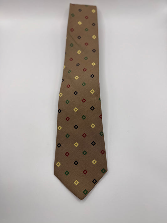 Vintage Valente 100% Silk Tie – Tan with Multicolor Diamond Pattern, 52” x 3”
