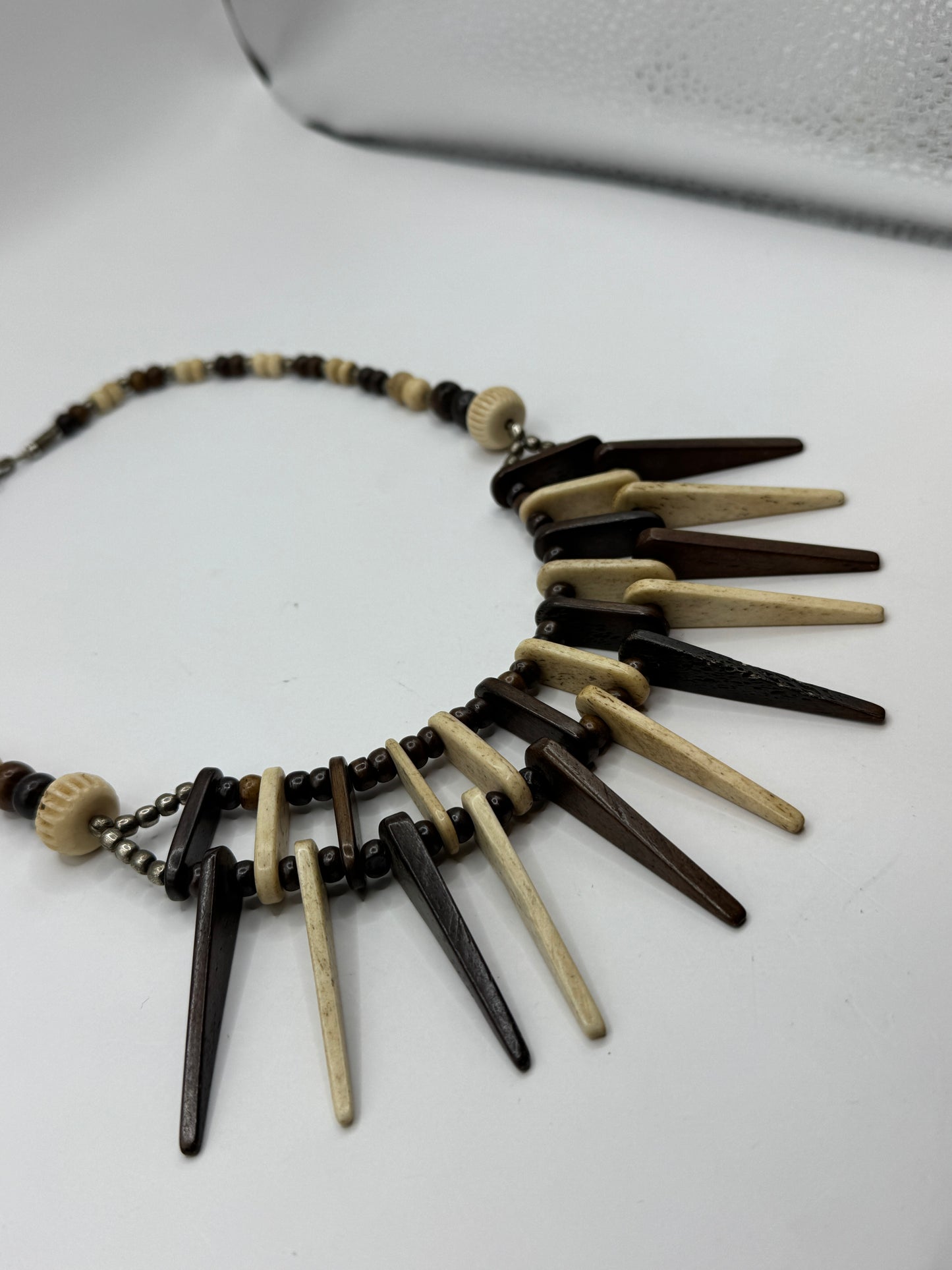 Vintage Bohemian Artisan Necklace – Bone & Mahogany Wood, Tribal Fringe Design, 20”