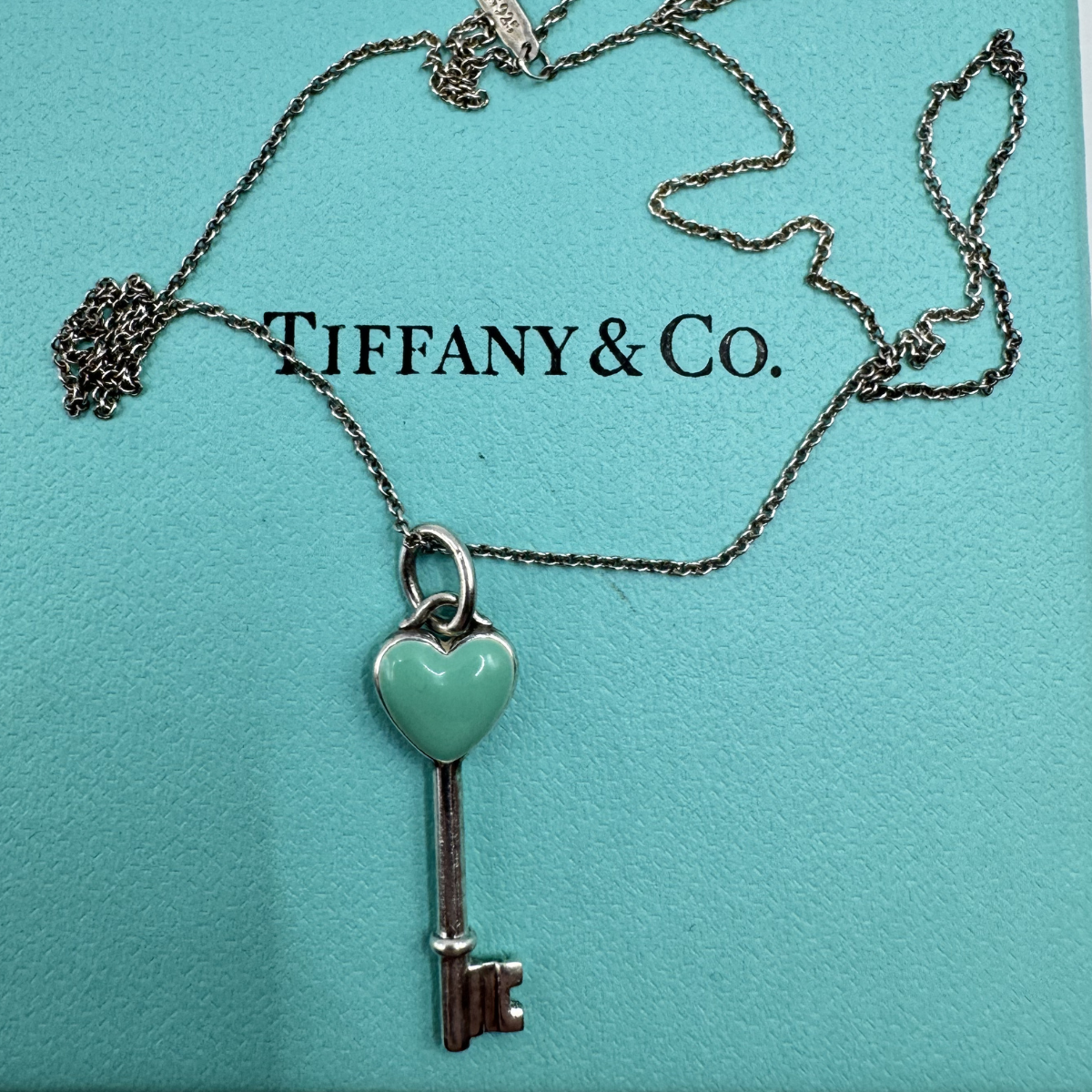 Tiffany & Co. Sterling Silver Heart Key Necklace – Turquoise Enamel