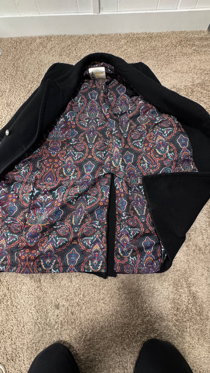 Vintage London Fog Wool Coat – Size 4 Petite, Black, Paisley Lined, Double-Breasted