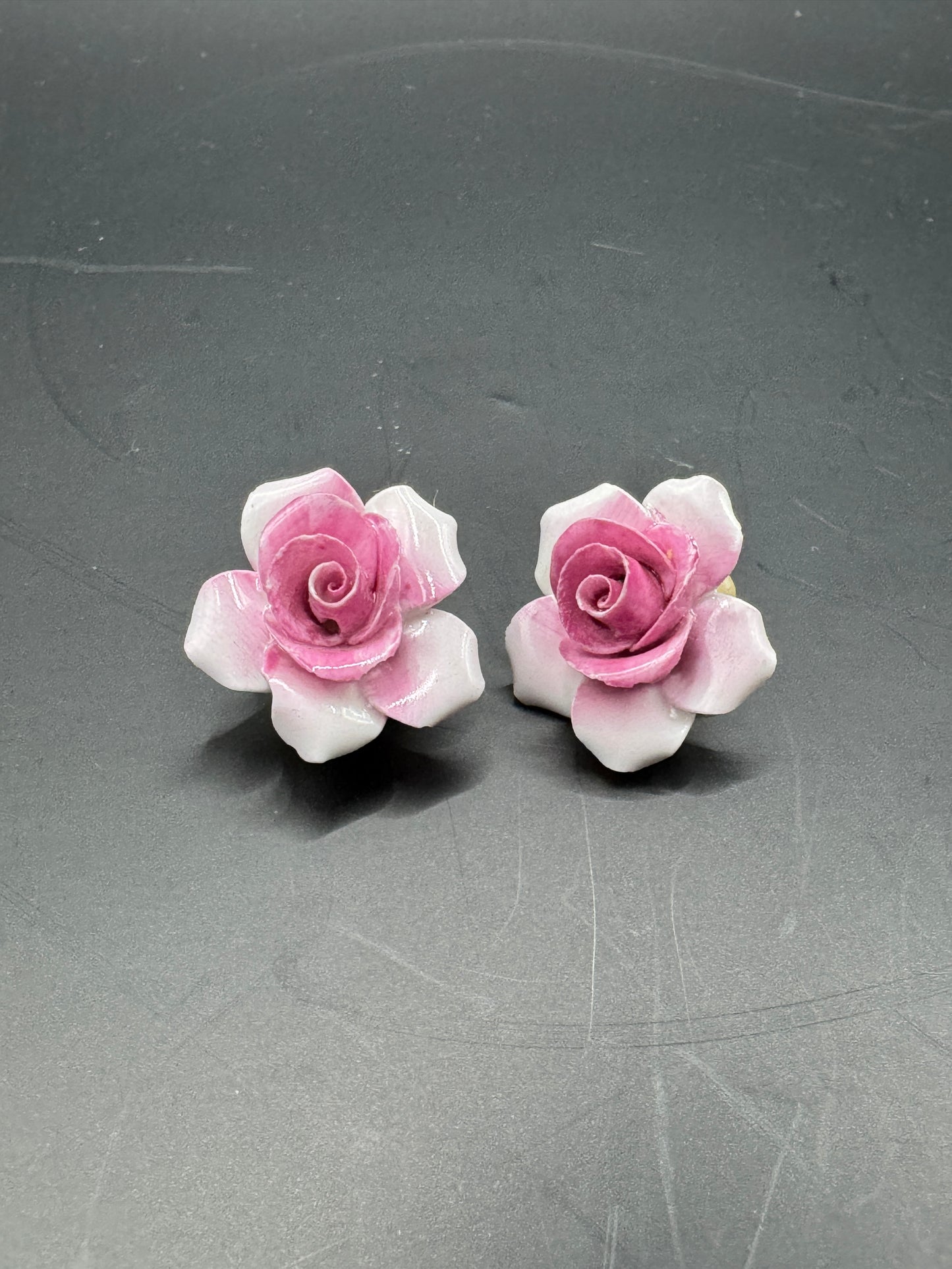 Vintage Porcelain Rose Clip-On Earrings – Pink Floral, Made in England, Mid-Century
